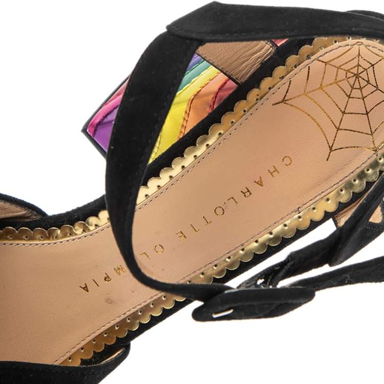 Pre Owned Charlotte Olympia Black Suede  Block Heel Ankle Strap Sandals Size 38.5