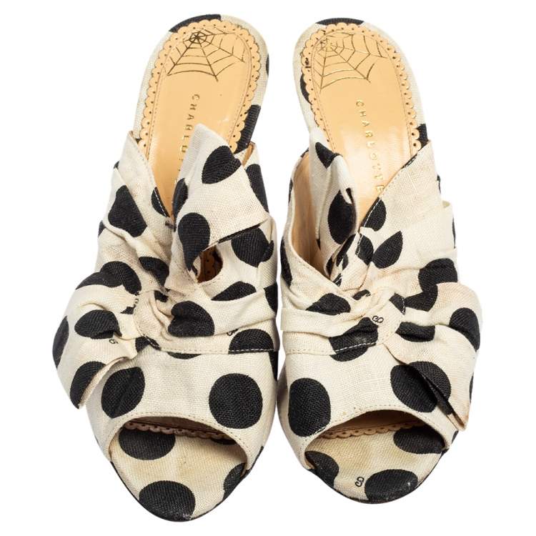 Pre Owned Charlotte Olympia White/Black Polka Canvas Bow Side Sandals Size 38