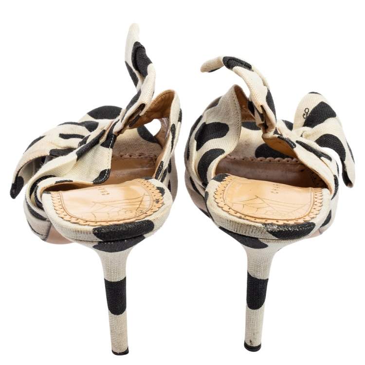 Pre Owned Charlotte Olympia White/Black Polka Canvas Bow Side Sandals Size 38