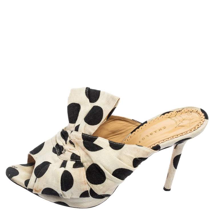 Pre Owned Charlotte Olympia White/Black Polka Canvas Bow Side Sandals Size 38