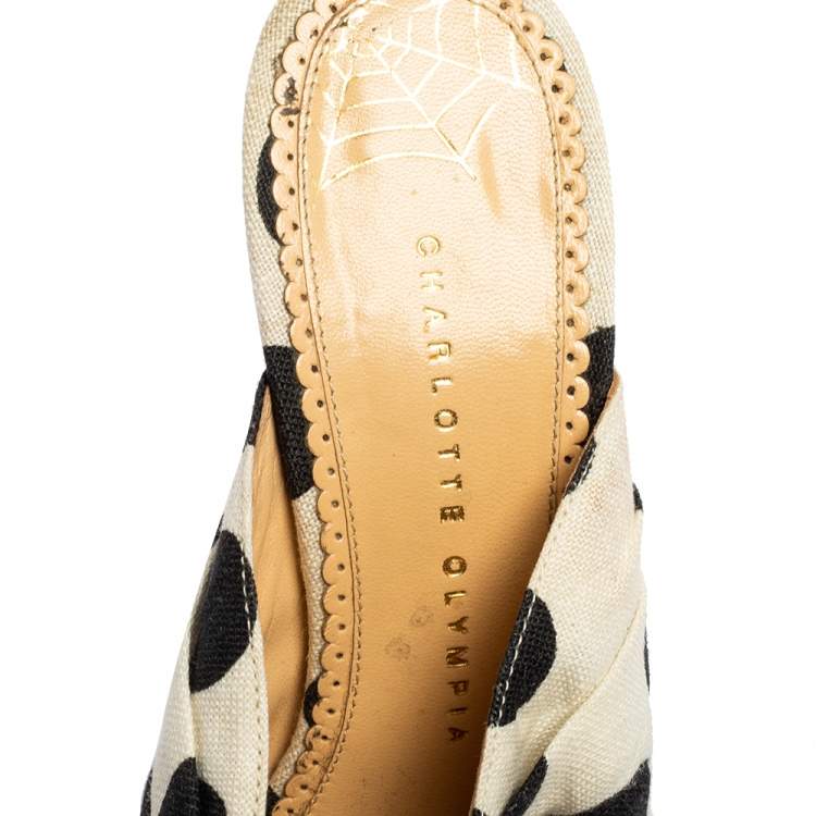 Pre Owned Charlotte Olympia White/Black Polka Canvas Bow Side Sandals Size 38