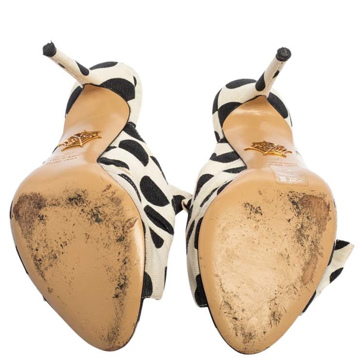 Pre Owned Charlotte Olympia White/Black Polka Canvas Bow Side Sandals Size 38