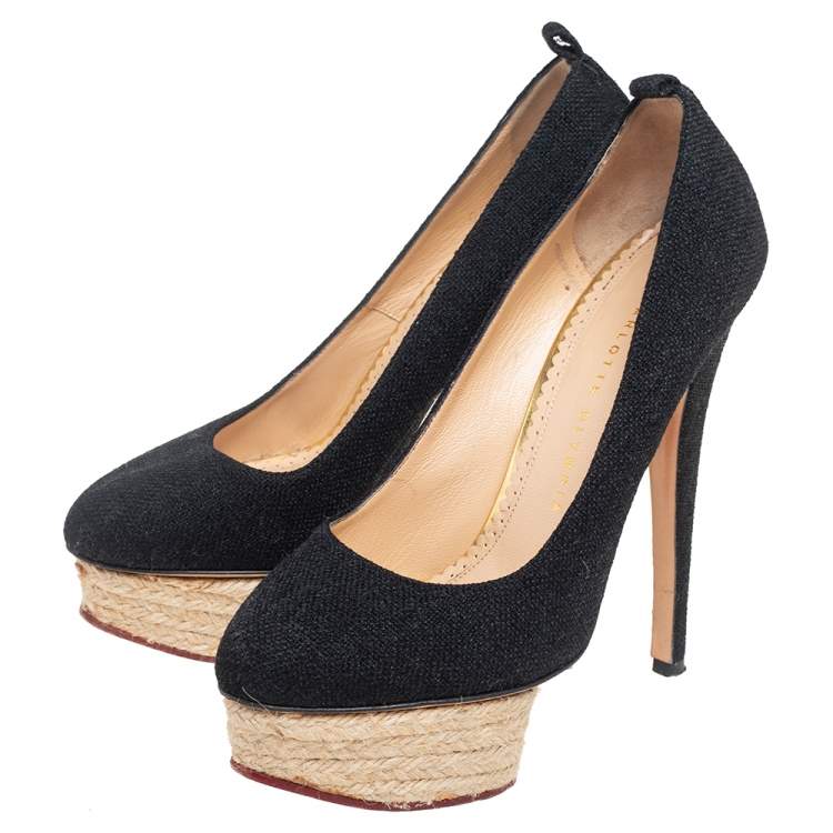 Pre Owned Charlotte Olympia Black Canvas Dolores Espadrille Platform Ankle-Strap Pumps Size 37