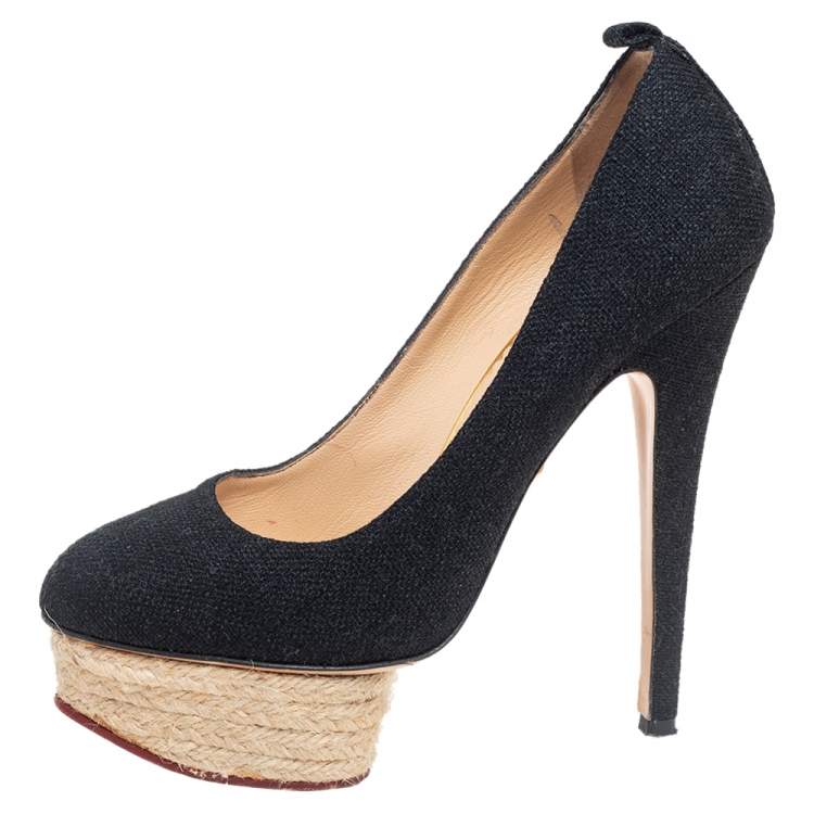 Pre Owned Charlotte Olympia Black Canvas Dolores Espadrille Platform Ankle-Strap Pumps Size 37