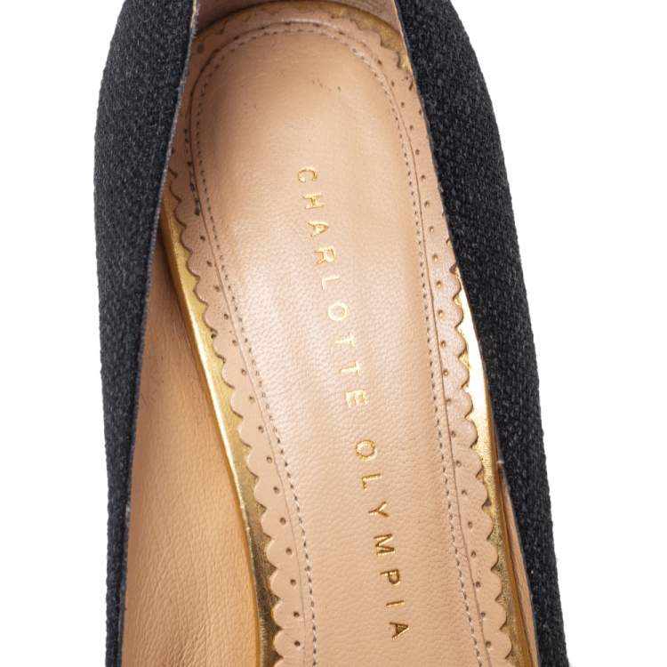 Pre Owned Charlotte Olympia Black Canvas Dolores Espadrille Platform Ankle-Strap Pumps Size 37