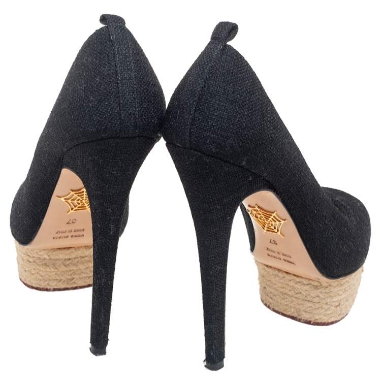 Pre Owned Charlotte Olympia Black Canvas Dolores Espadrille Platform Ankle-Strap Pumps Size 37
