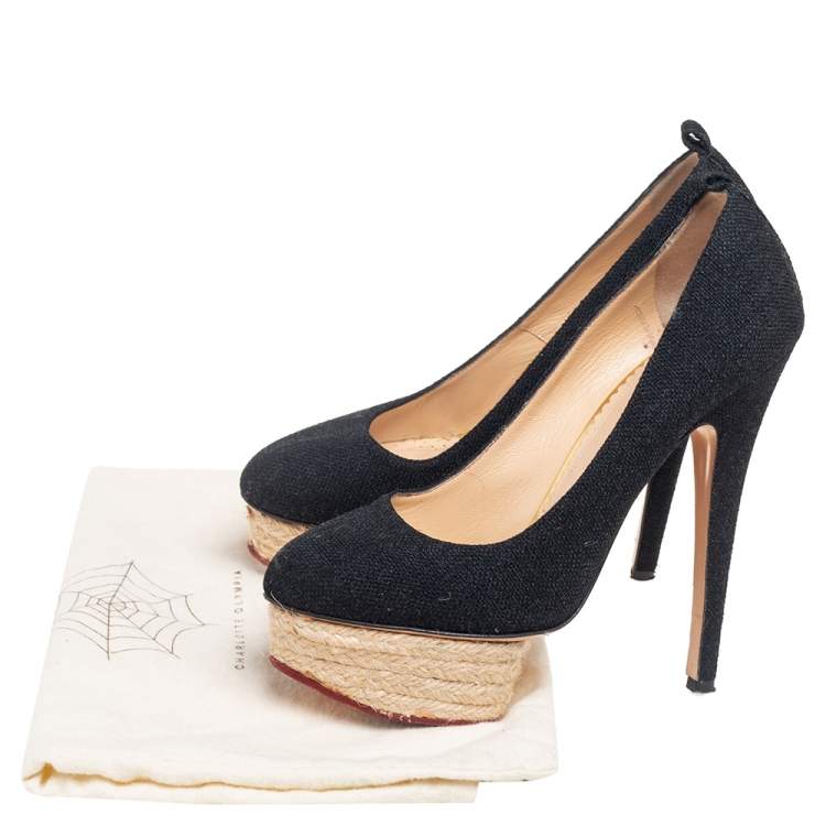Pre Owned Charlotte Olympia Black Canvas Dolores Espadrille Platform Ankle-Strap Pumps Size 37
