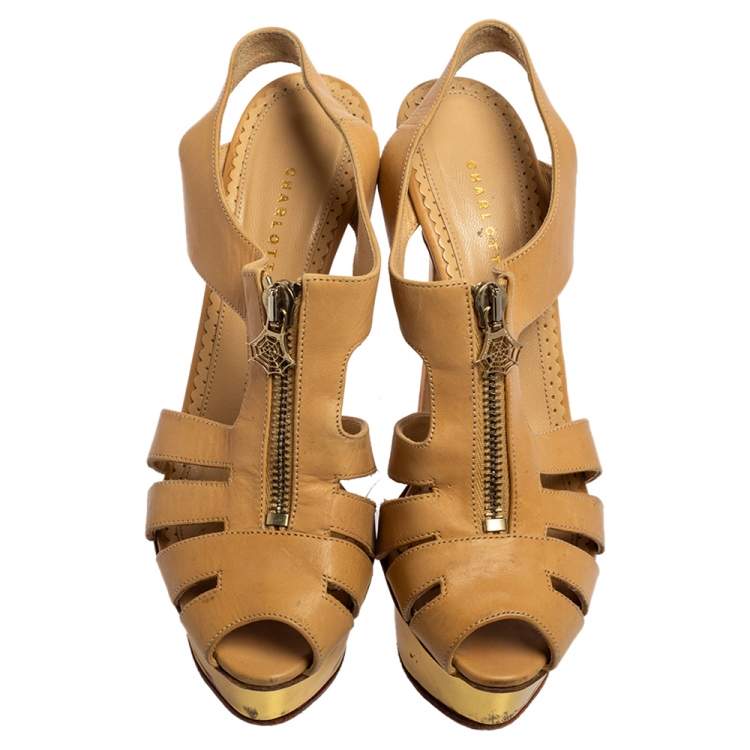 Pre Owned Charlotte Olympia Beige Leather Cut-Out Zipper Detail Platform Sandals Size 36.5