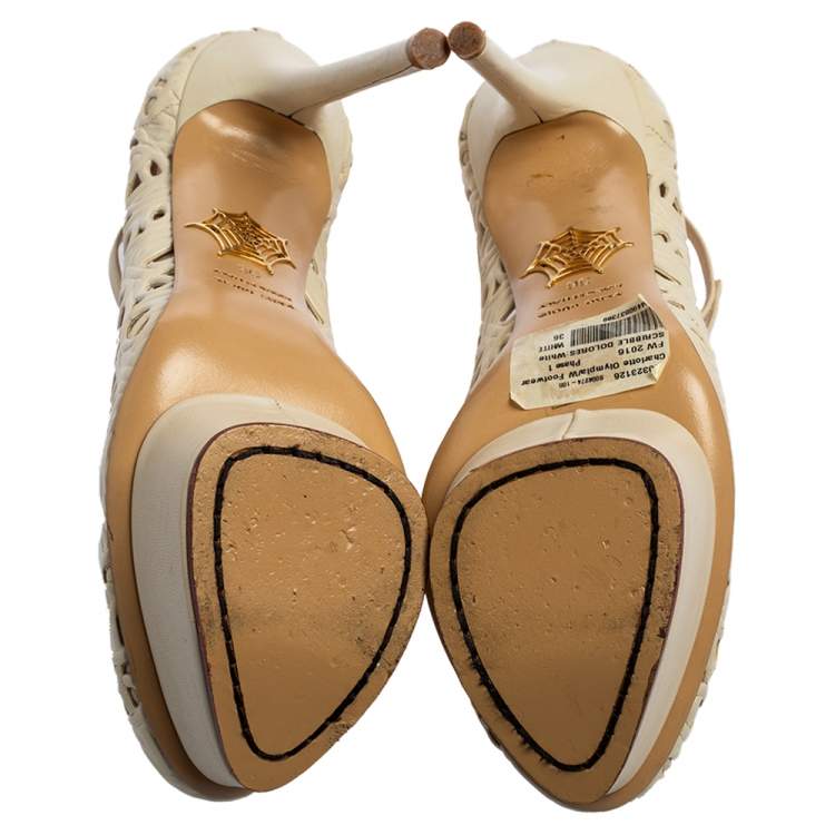 Pre Owned Charlotte Olympia Cream Cut Out Leather Scribble Dolores Pumps Size 36
