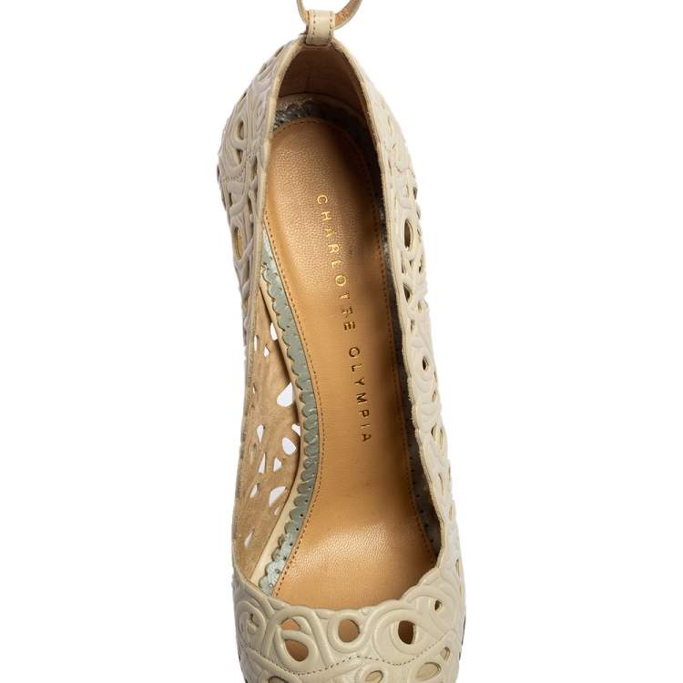 Pre Owned Charlotte Olympia Cream Cut Out Leather Scribble Dolores Pumps Size 36
