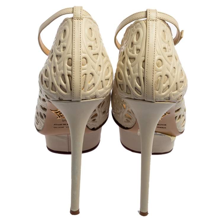 Pre Owned Charlotte Olympia Cream Cut Out Leather Scribble Dolores Pumps Size 36