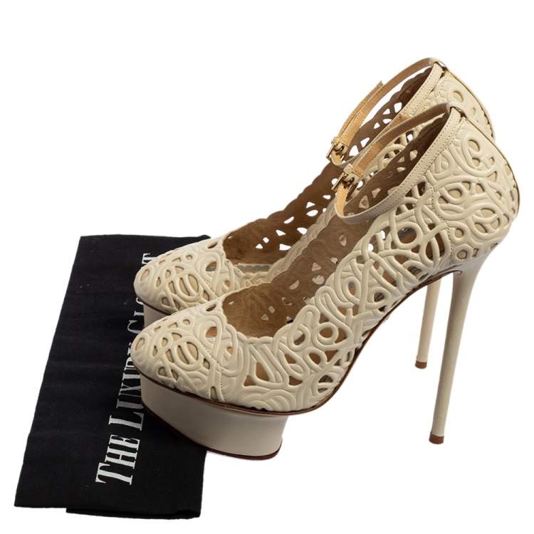 Pre Owned Charlotte Olympia Cream Cut Out Leather Scribble Dolores Pumps Size 36