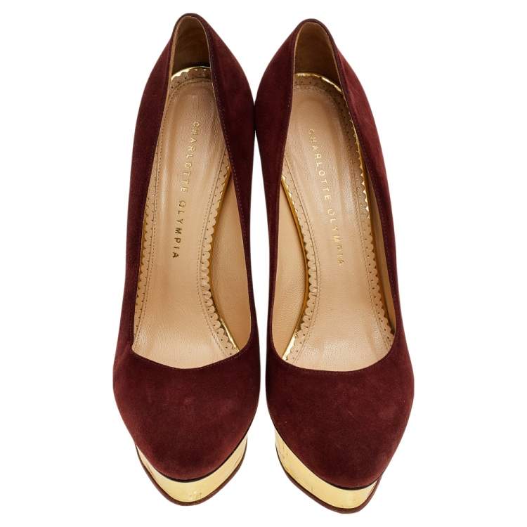 Pre Owned Charlotte Olympia Burgundy Suede Dolly Platform Pumps Size 40