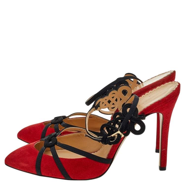 Pre Owned Charlotte Olympia Red Suede And Fabric Ankle Strap Sandals Size 37