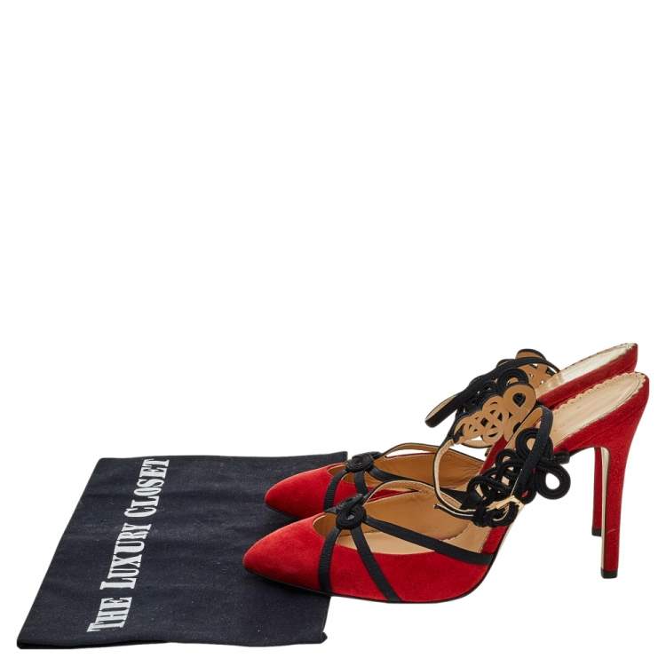 Pre Owned Charlotte Olympia Red Suede And Fabric Ankle Strap Sandals Size 37