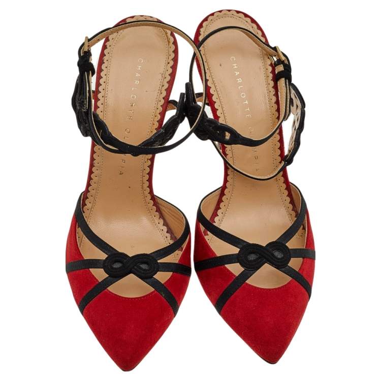 Pre Owned Charlotte Olympia Red Suede And Fabric Ankle Strap Sandals Size 37