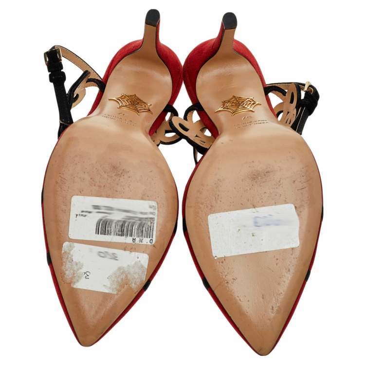 Pre Owned Charlotte Olympia Red Suede And Fabric Ankle Strap Sandals Size 37