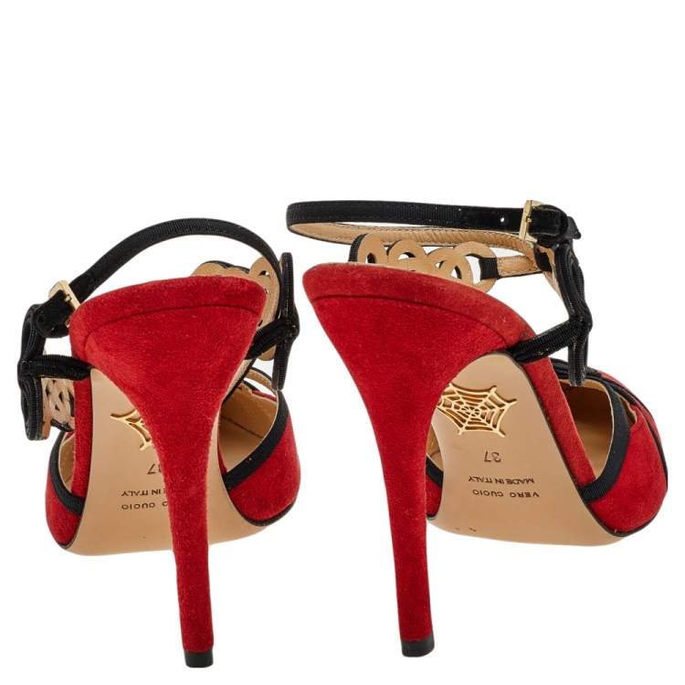 Pre Owned Charlotte Olympia Red Suede And Fabric Ankle Strap Sandals Size 37