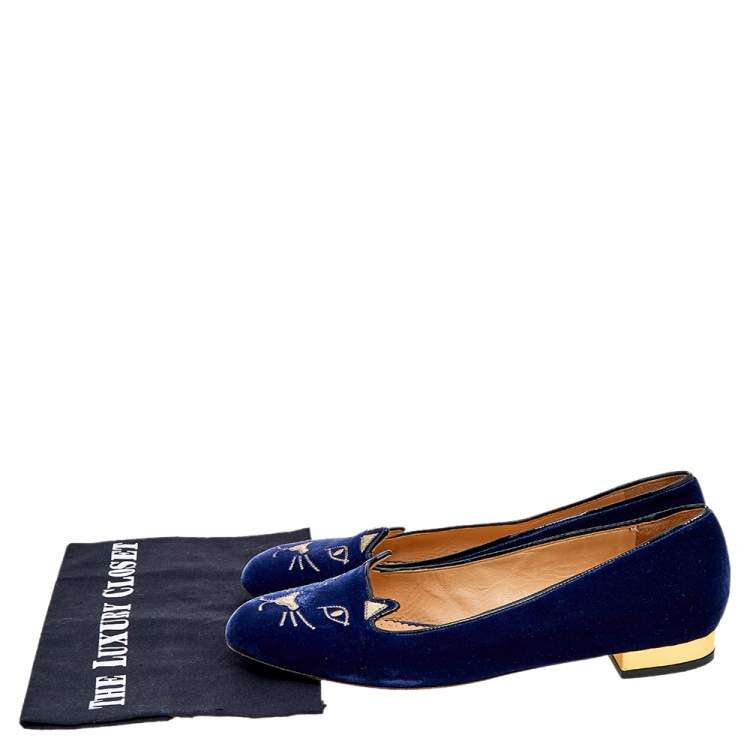 Pre Owned Charlotte Olympia Navy Blue Velvet Kitty Ballet Flats Size 40.5