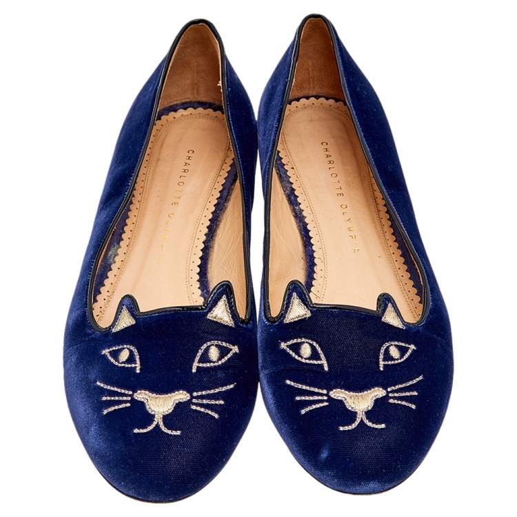 Pre Owned Charlotte Olympia Navy Blue Velvet Kitty Ballet Flats Size 40.5