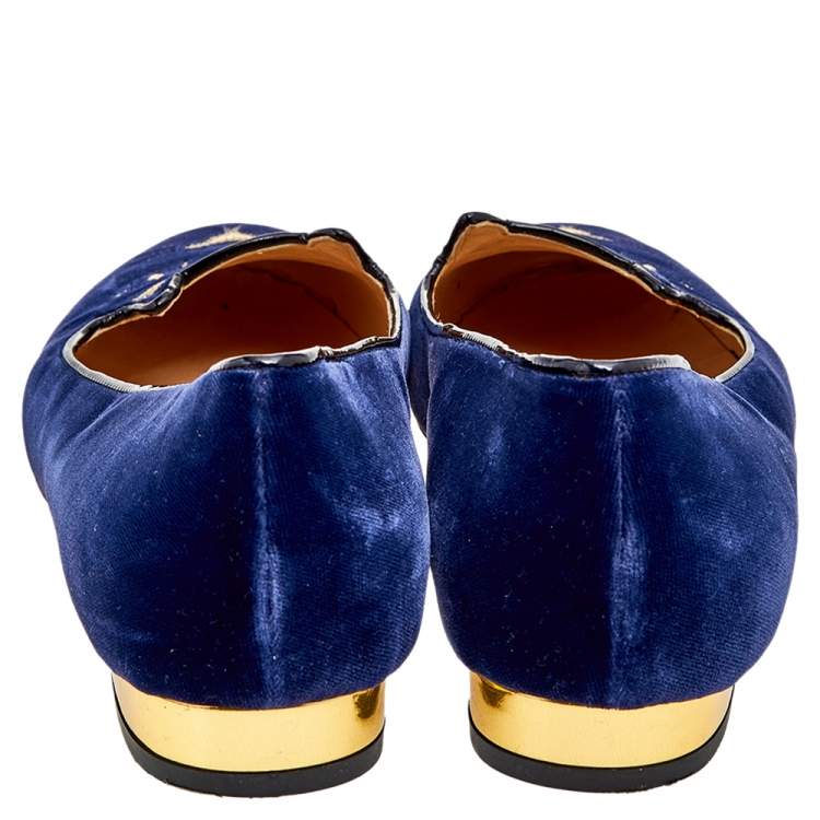 Pre Owned Charlotte Olympia Navy Blue Velvet Kitty Ballet Flats Size 40.5