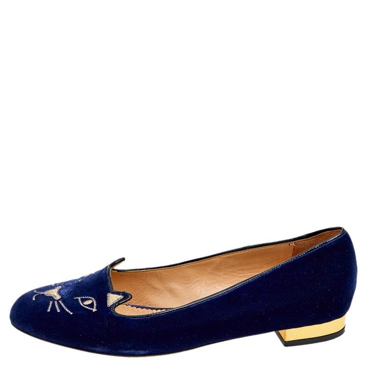Pre Owned Charlotte Olympia Navy Blue Velvet Kitty Ballet Flats Size 40.5