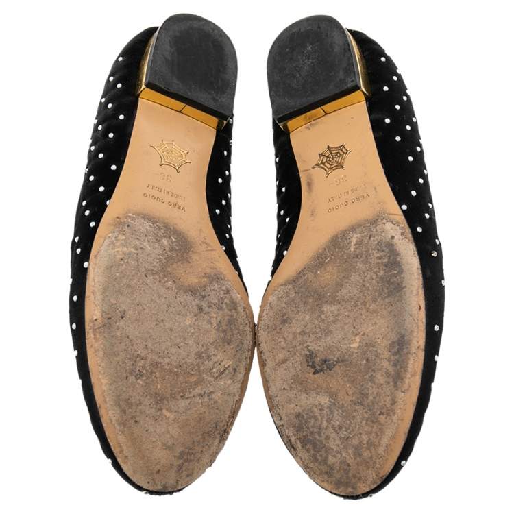 Pre Owned Charlotte Olympia Black Satin White Studed Bow Ballet Flats Size 36