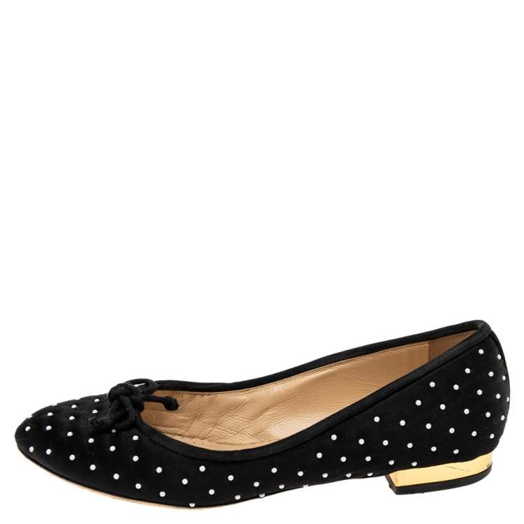 Pre Owned Charlotte Olympia Black Satin White Studed Bow Ballet Flats Size 36