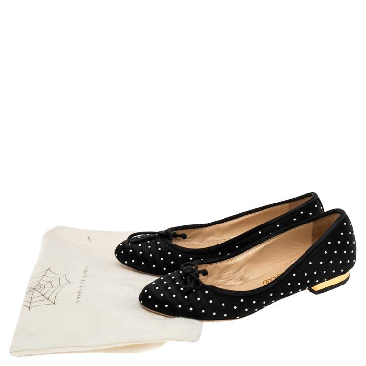 Pre Owned Charlotte Olympia Black Satin White Studed Bow Ballet Flats Size 36