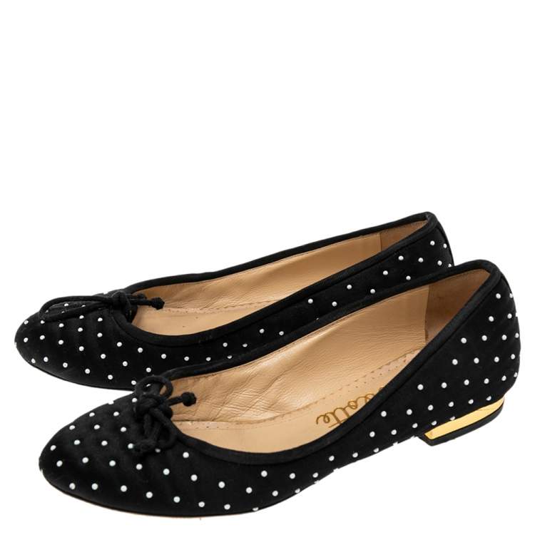 Pre Owned Charlotte Olympia Black Satin White Studed Bow Ballet Flats Size 36
