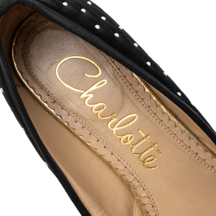 Pre Owned Charlotte Olympia Black Satin White Studed Bow Ballet Flats Size 36