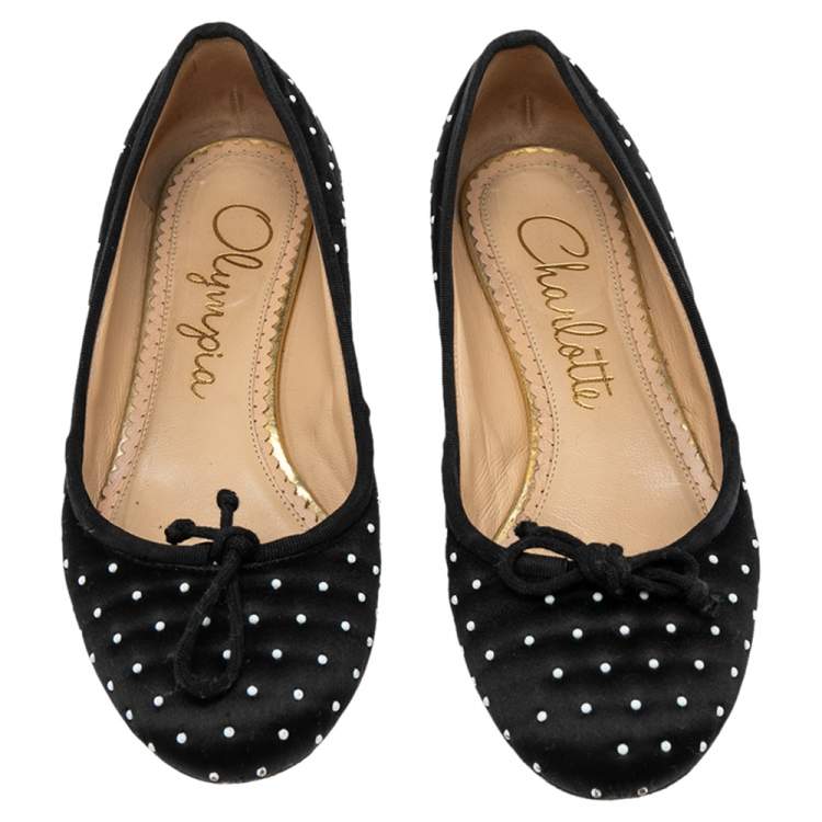 Pre Owned Charlotte Olympia Black Satin White Studed Bow Ballet Flats Size 36