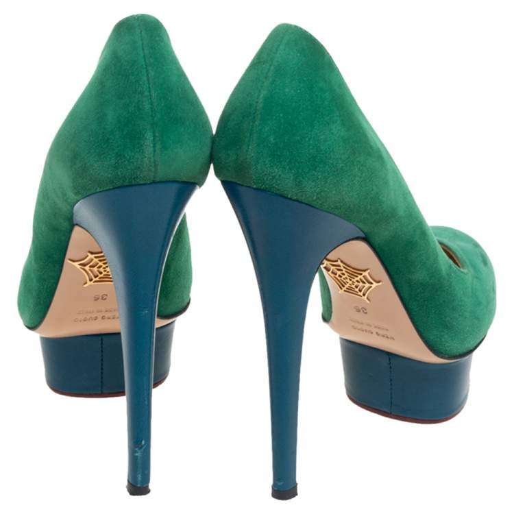 Pre Owned Charlotte Olympia Green/Blue Suede Dolly Platform Pumps Size 36
