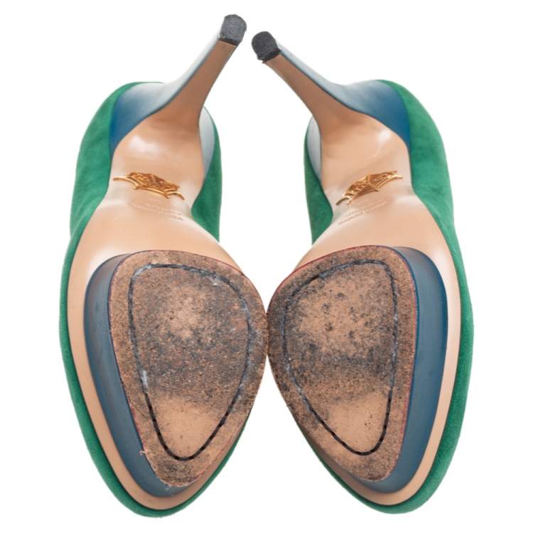 Pre Owned Charlotte Olympia Green/Blue Suede Dolly Platform Pumps Size 36