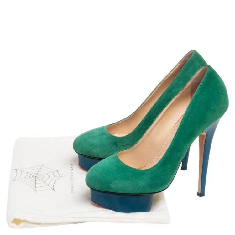 Pre Owned Charlotte Olympia Green/Blue Suede Dolly Platform Pumps Size 36