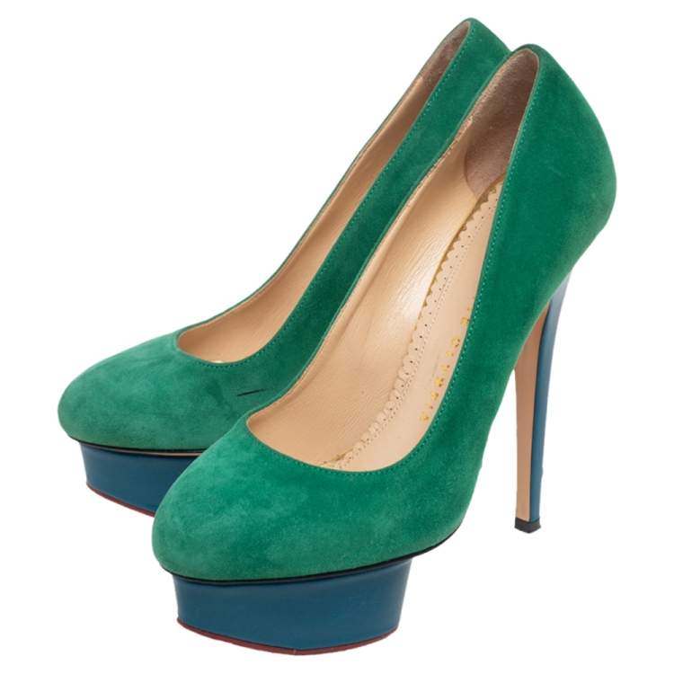 Pre Owned Charlotte Olympia Green/Blue Suede Dolly Platform Pumps Size 36
