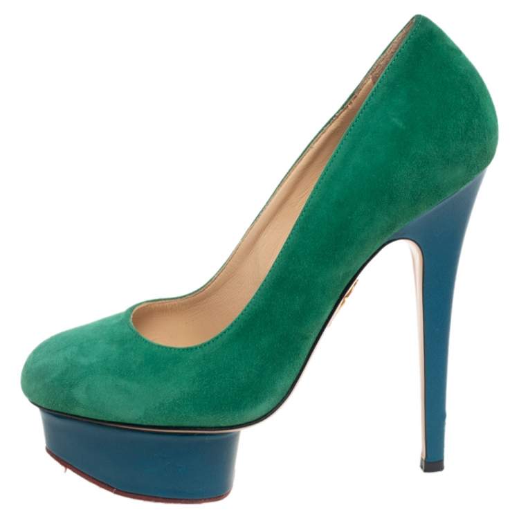 Pre Owned Charlotte Olympia Green/Blue Suede Dolly Platform Pumps Size 36