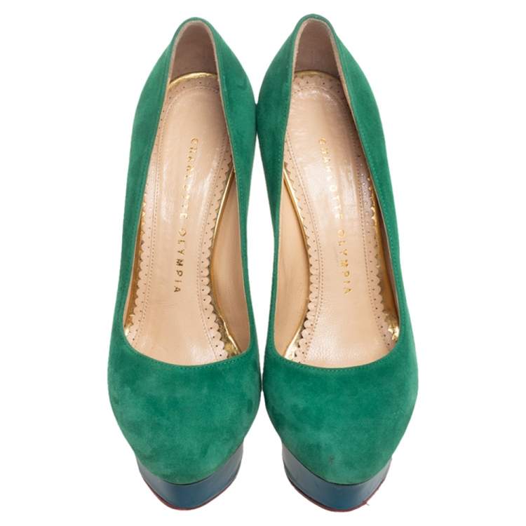 Pre Owned Charlotte Olympia Green/Blue Suede Dolly Platform Pumps Size 36