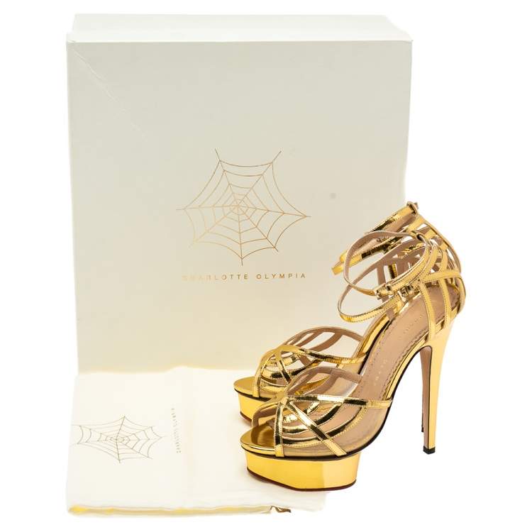 مملوكة مسبقًا Charlotte Olympia Metallic Gold Leather Octavia Platform Sandals Size 37