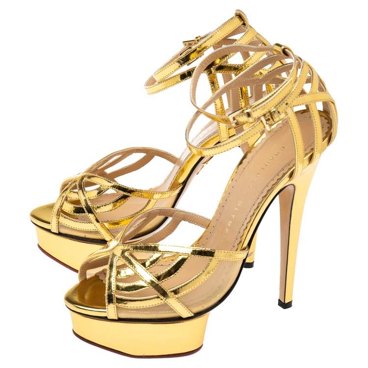 مملوكة مسبقًا Charlotte Olympia Metallic Gold Leather Octavia Platform Sandals Size 37