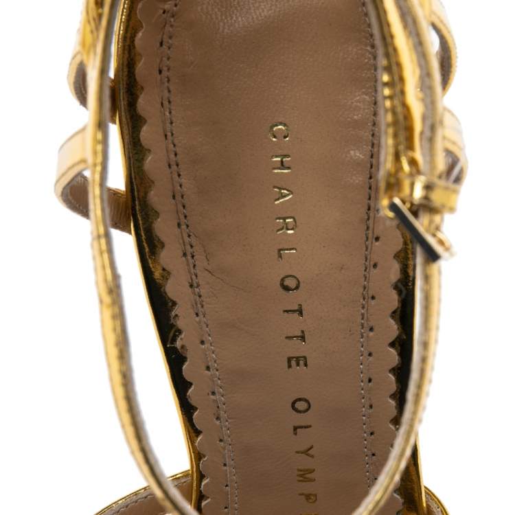 مملوكة مسبقًا Charlotte Olympia Metallic Gold Leather Octavia Platform Sandals Size 37