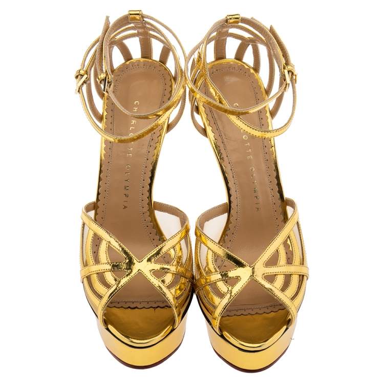 مملوكة مسبقًا Charlotte Olympia Metallic Gold Leather Octavia Platform Sandals Size 37