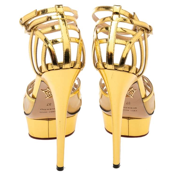 مملوكة مسبقًا Charlotte Olympia Metallic Gold Leather Octavia Platform Sandals Size 37