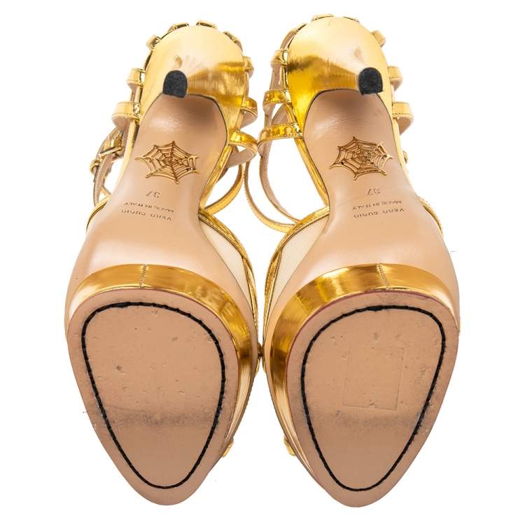 مملوكة مسبقًا Charlotte Olympia Metallic Gold Leather Octavia Platform Sandals Size 37