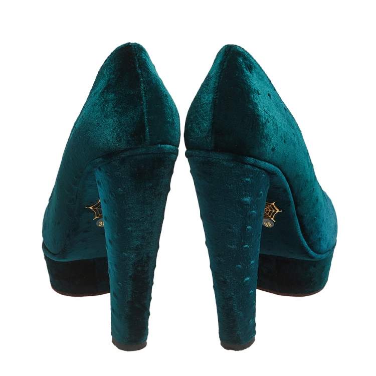 Pre Owned Charlotte Olympia Green Textured Velvet Dolly Platform Pumps Size 39