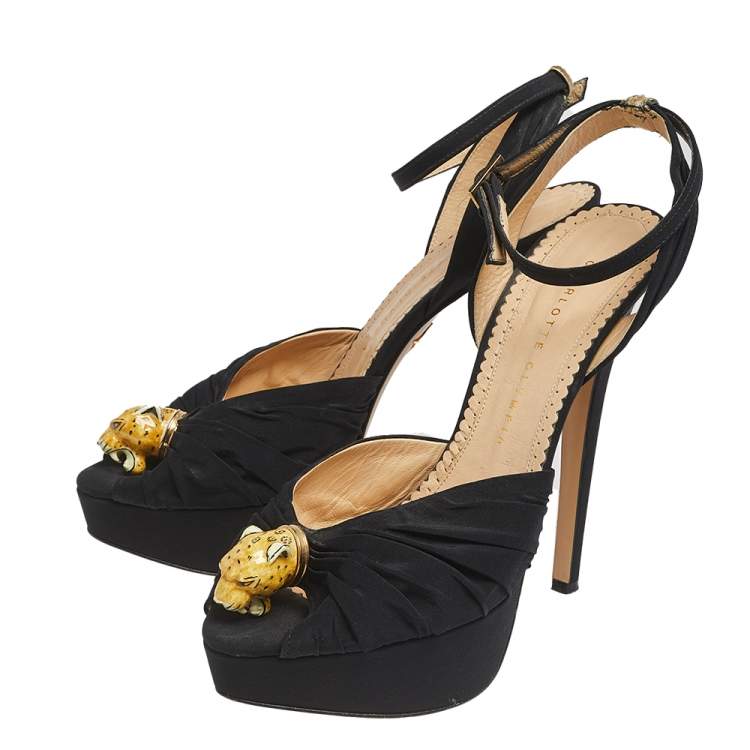 مملوكة مسبقًا Charlotte Olympia Black Satin Bruce Enamel Leopard Platform Sandals Size 38.5