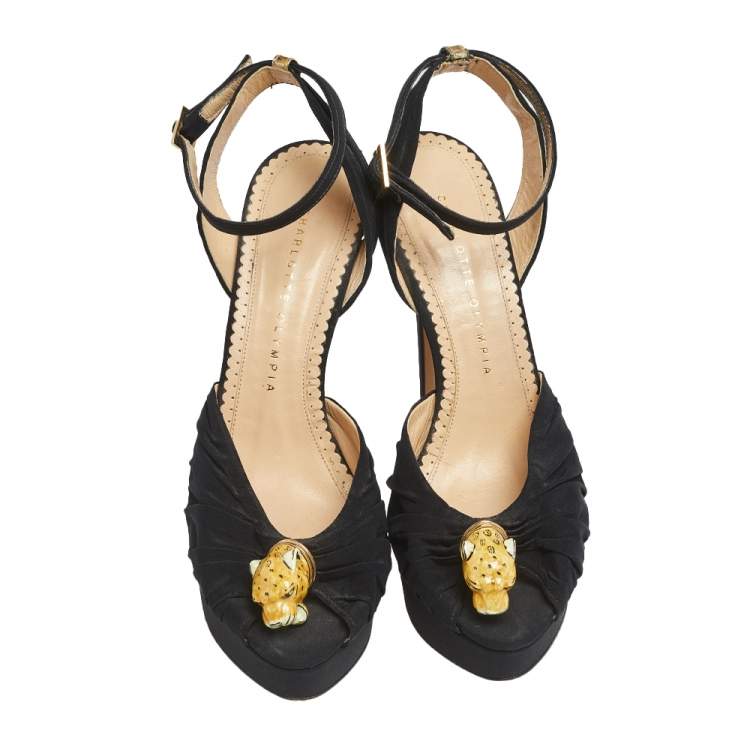مملوكة مسبقًا Charlotte Olympia Black Satin Bruce Enamel Leopard Platform Sandals Size 38.5