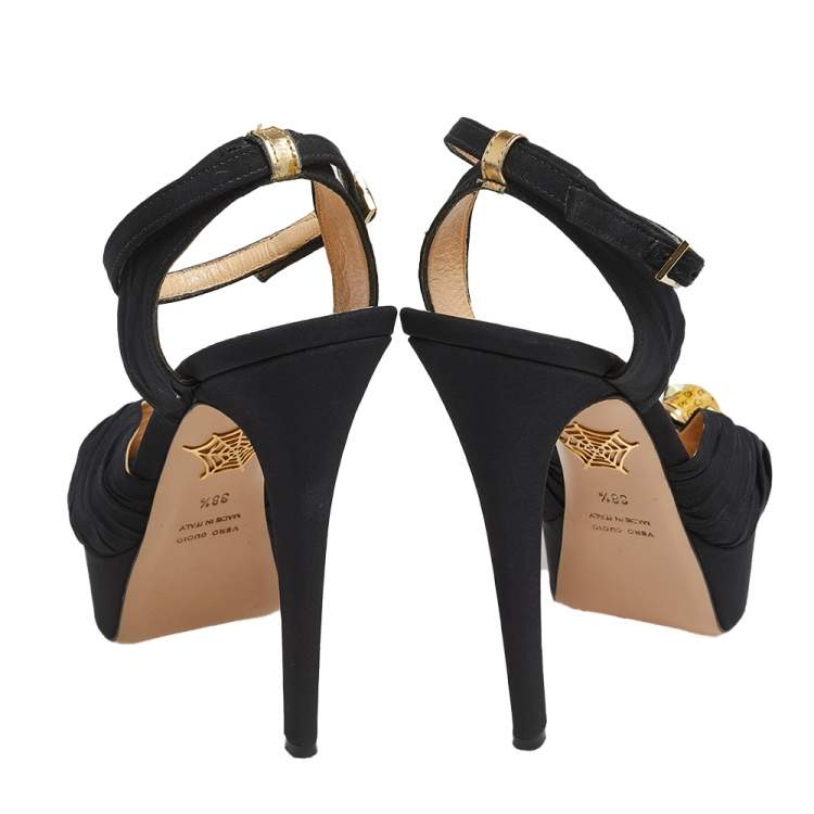 مملوكة مسبقًا Charlotte Olympia Black Satin Bruce Enamel Leopard Platform Sandals Size 38.5