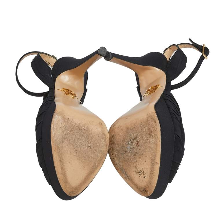 مملوكة مسبقًا Charlotte Olympia Black Satin Bruce Enamel Leopard Platform Sandals Size 38.5