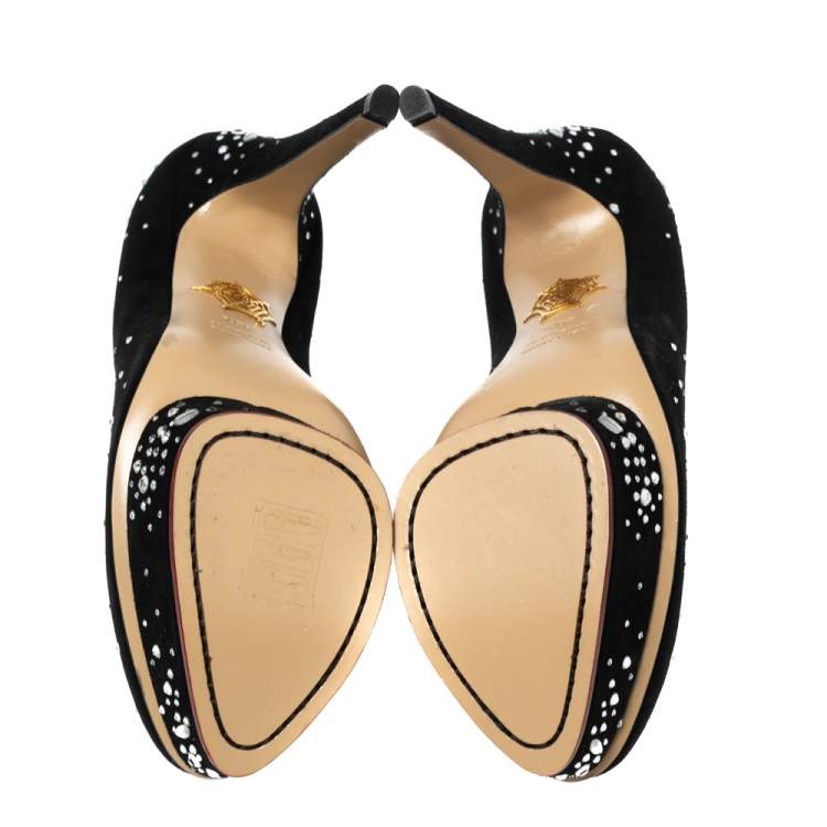 مملوكة مسبقًا Charlotte Olympia Black Crystal Embellished Suede Dolly Platform Pumps Size 40.5